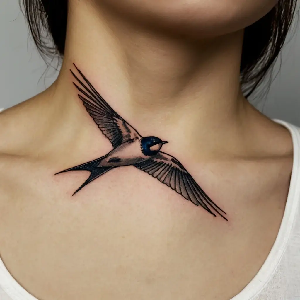 Tattoo of a swallow in flight on the neck, detailed wings and soft shading, symbolizing freedom and adventure.