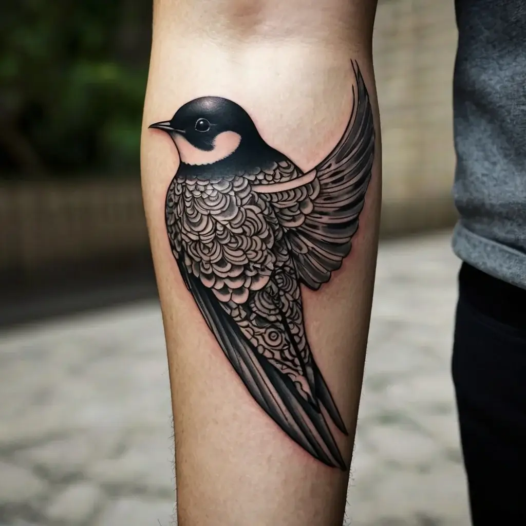 Ornate black and grey swallow tattoo with intricate patterns and shading on the body and wings, symbolizing freedom.