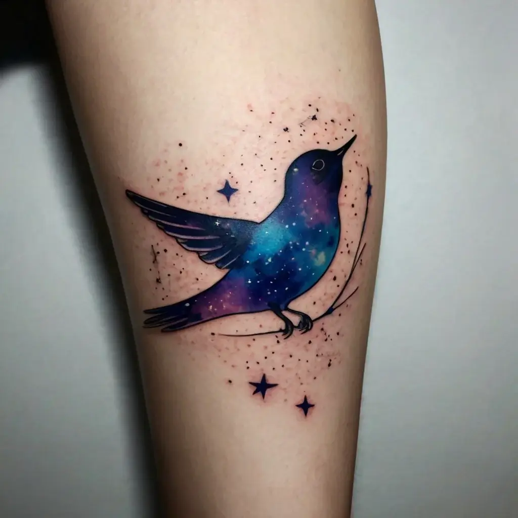 Galaxy-themed bird tattoo with vibrant blues and purples, surrounded by stars and dots, creating a cosmic ambiance.