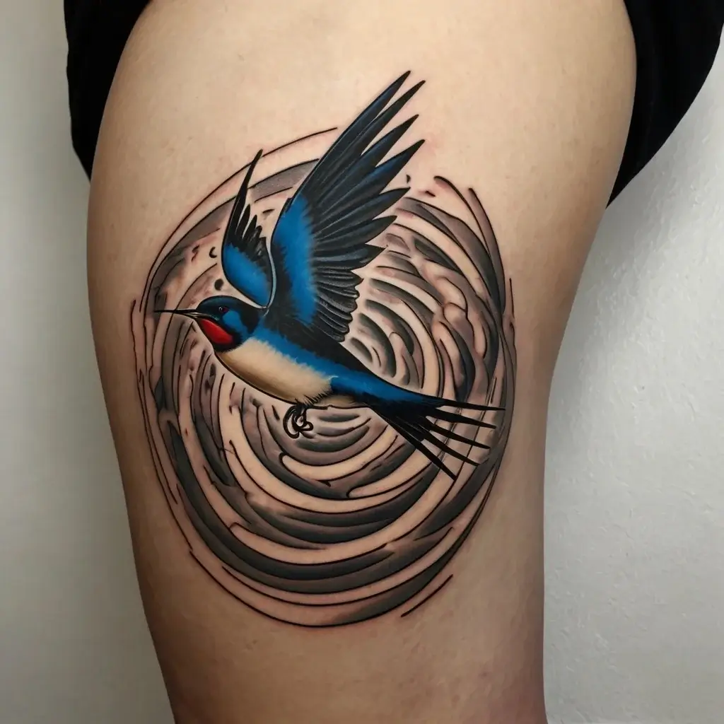 Tattoo of a vibrant blue swallow in flight, surrounded by dynamic black and gray swirls, symbolizing freedom and change.