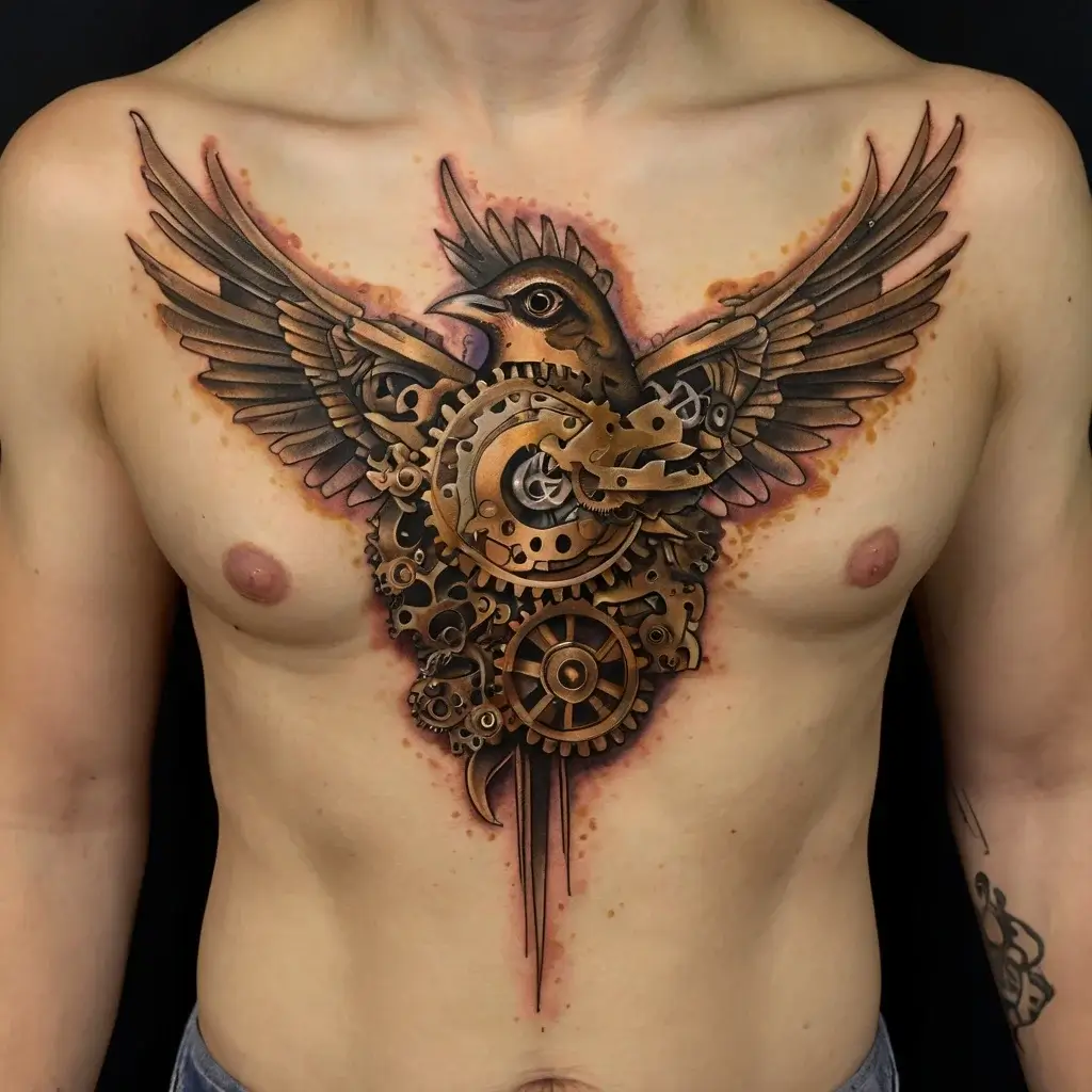 Steampunk bird tattoo on chest featuring intricate gears and cogs, blending mechanical elements with lifelike avian design.