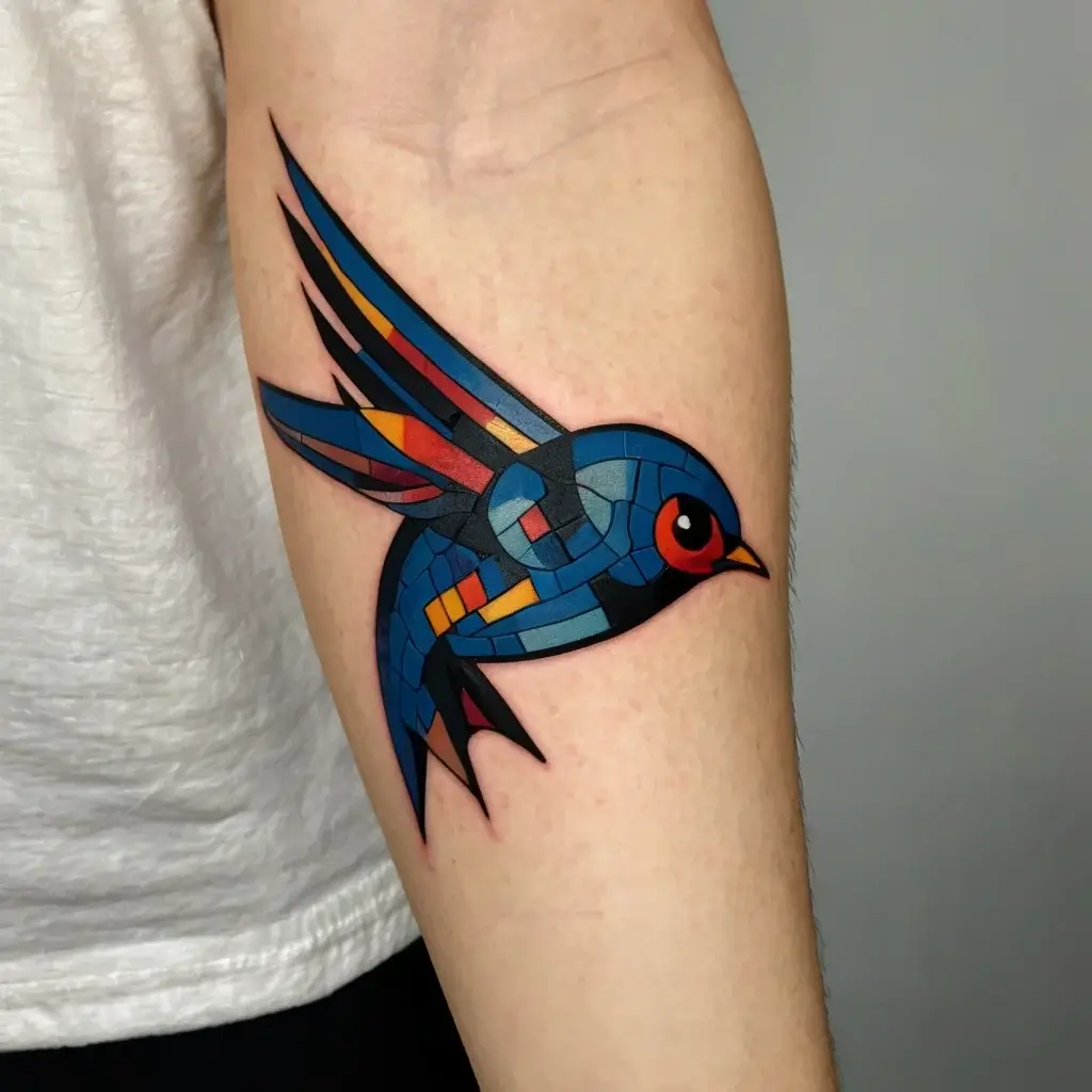 A vibrant geometric tattoo of a flying bird in blue, orange, and red hues, showcasing bold, stained-glass-like patterns.