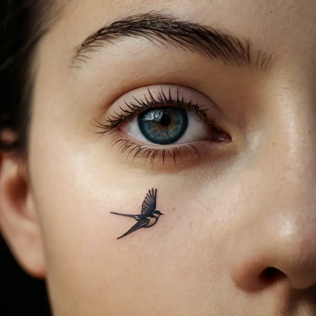 Delicate swallow tattoo near the eye, symbolizing freedom and hope, crafted with fine black lines and shading.