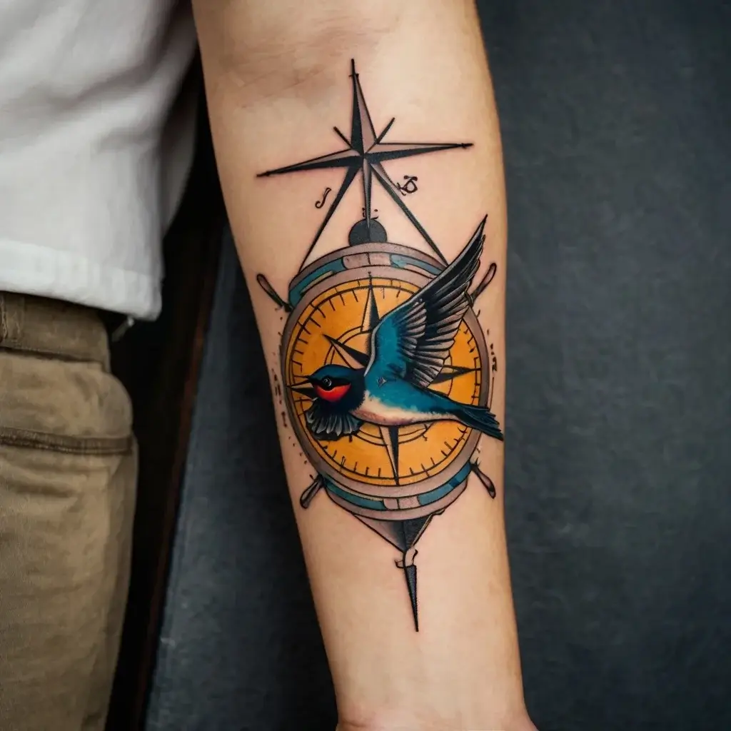 Tattoo of a vibrant swallow flying over a detailed compass rose, symbolizing guidance and freedom.