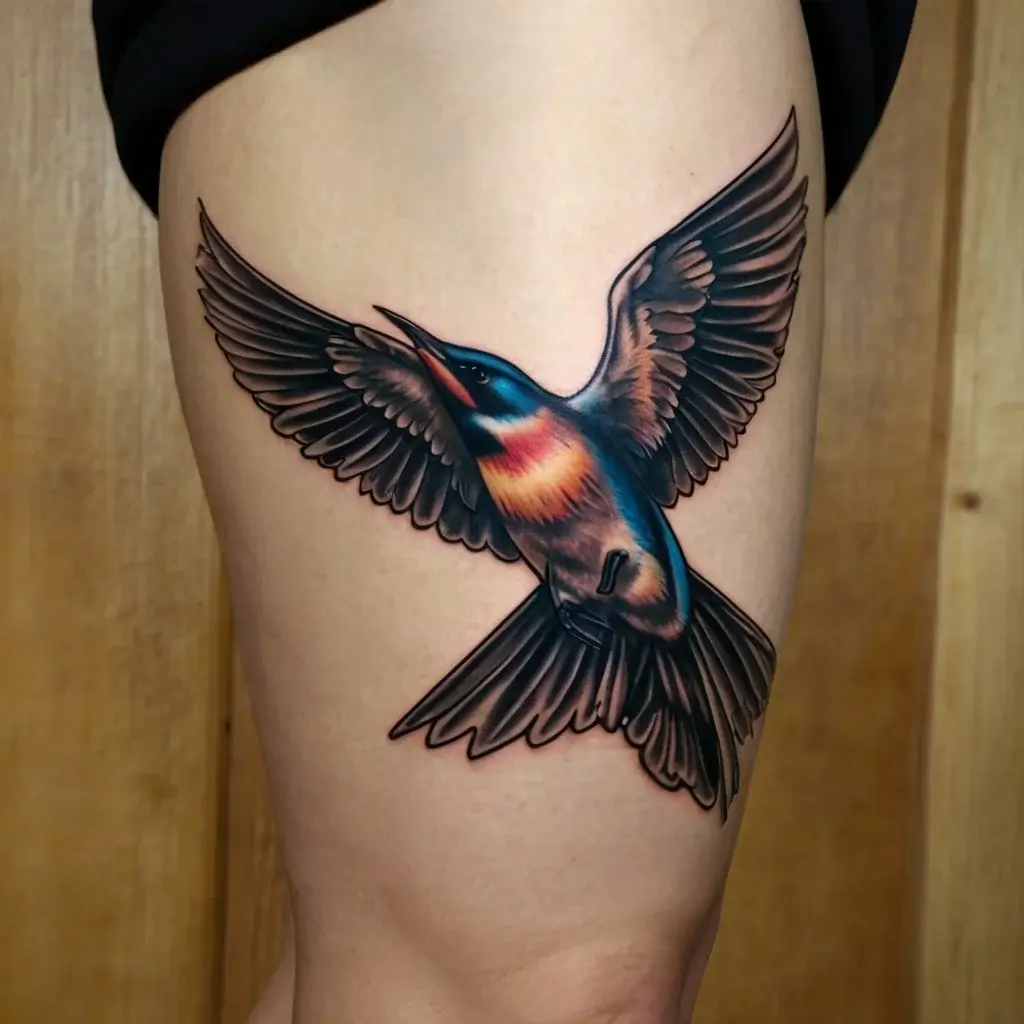 Tattoo of a vibrant hummingbird in flight, with detailed feathers and vivid splashes of blue and orange on the thigh.