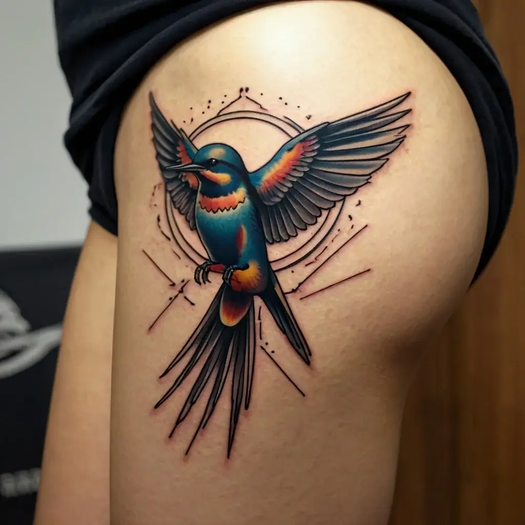 A vibrant bird tattoo on the thigh, wings spread wide, with geometric lines and a circular pattern in the background.