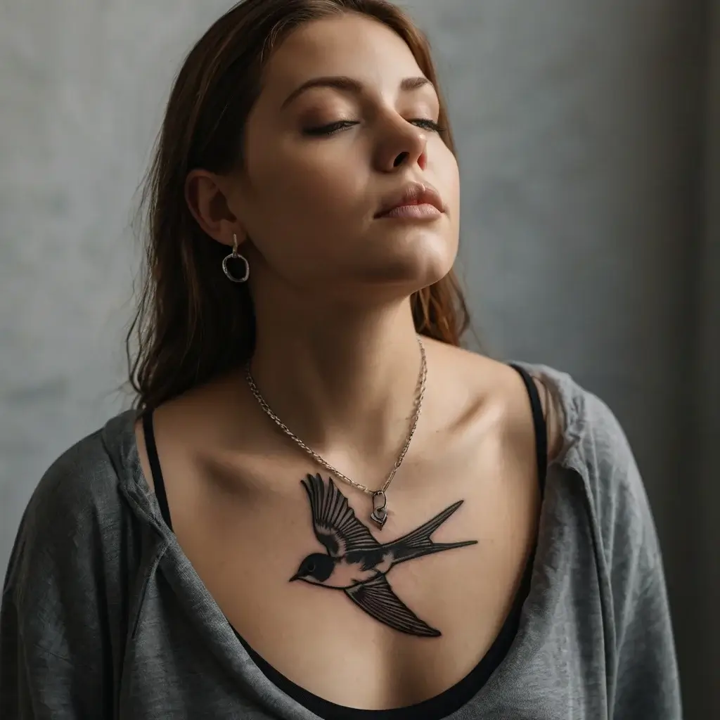 A black swallow tattoo on the chest, featuring intricate linework and shading, symbolizing freedom and new beginnings.