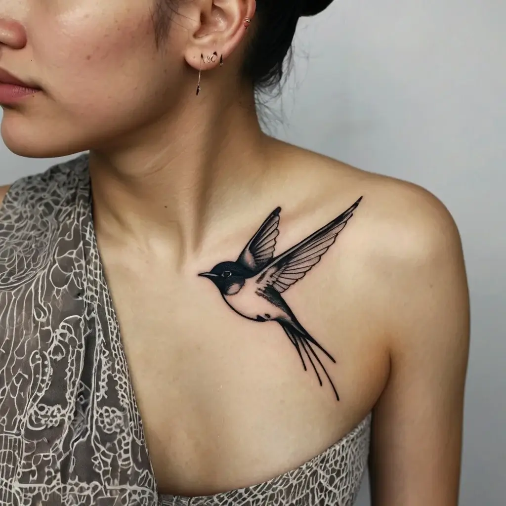 Tattoo of a graceful swallow bird in flight on the collarbone, featuring smooth shading and fine line details.