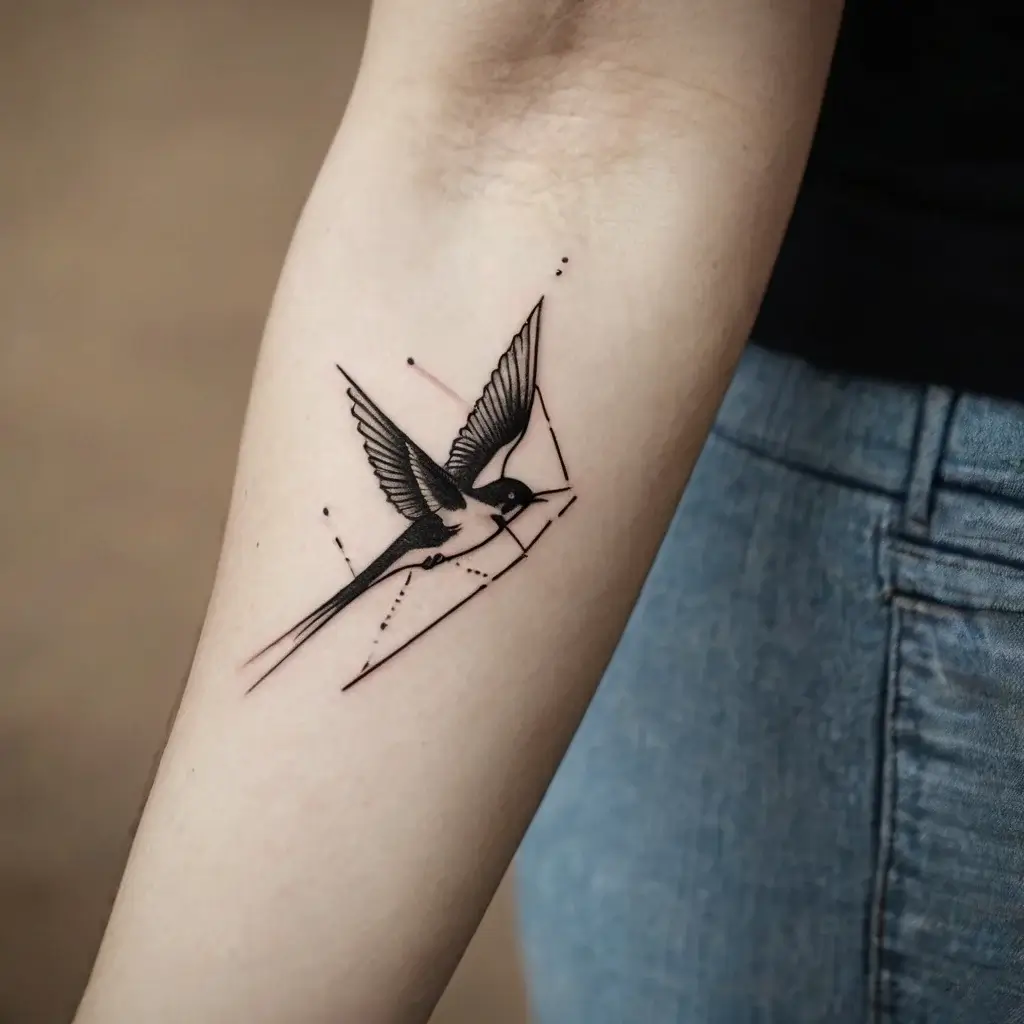 Geometric tattoo of a flying swallow with dotted lines and abstract shapes on the forearm, symbolizing freedom.