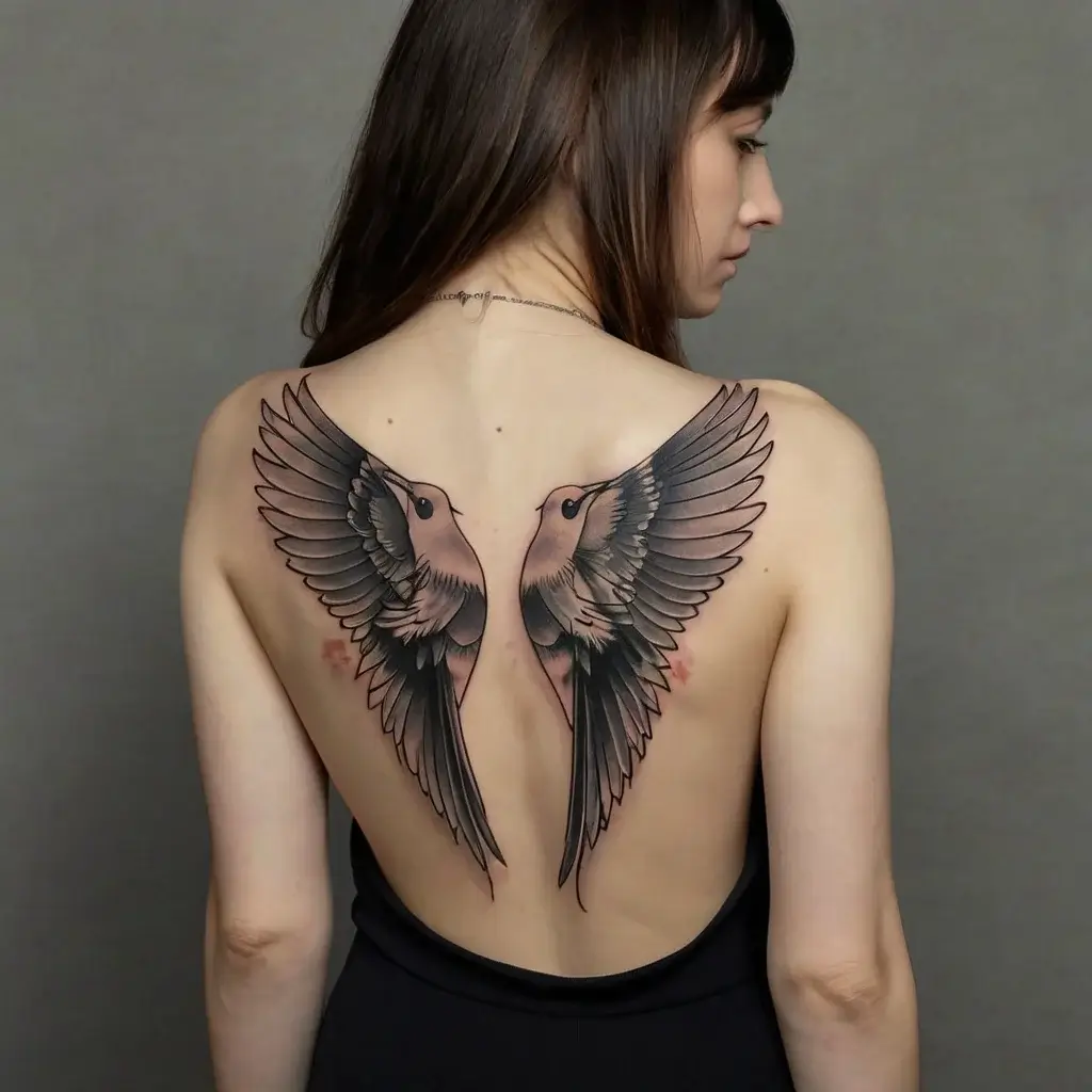 Tattoo of two birds with detailed wings facing each other symmetrically on a woman's upper back, symbolizing freedom.