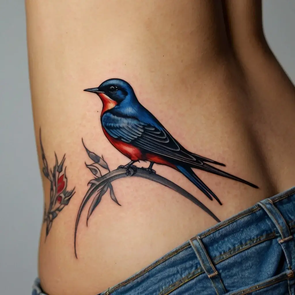 Tattoo of a vibrant blue and red swallow perched on a branch with leaves, symbolizing freedom and hope.