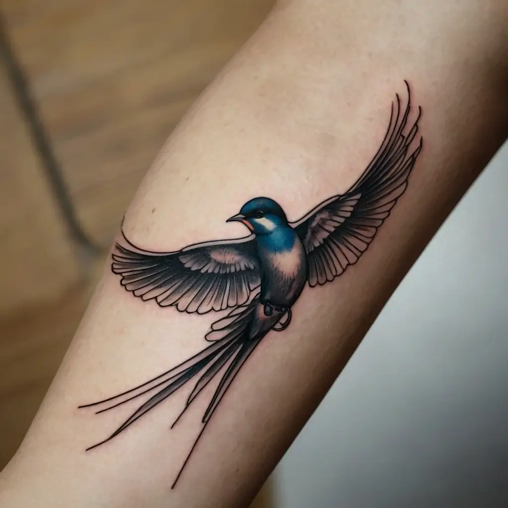 A vibrant tattoo of a swallow in flight, featuring detailed blue and black shading with long, elegant tail feathers.