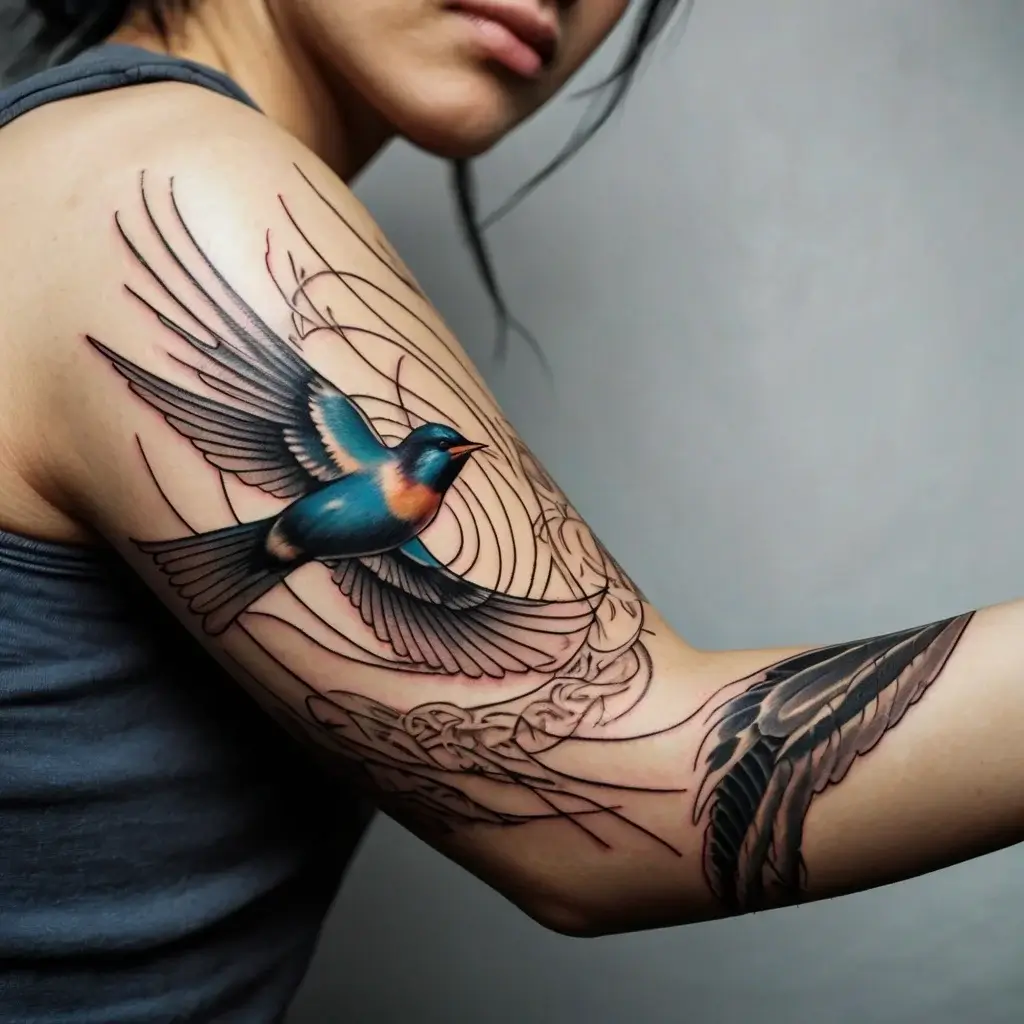 Colorful bluebird tattoo in flight with intricate black and grey backgrounds on arm, symbolizing freedom and grace.