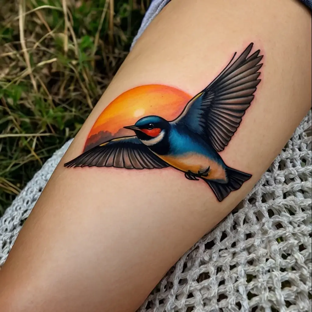 Tattoo of a vibrant swallow in flight against a vivid sunset. Rich colors evoke freedom and nature's beauty.