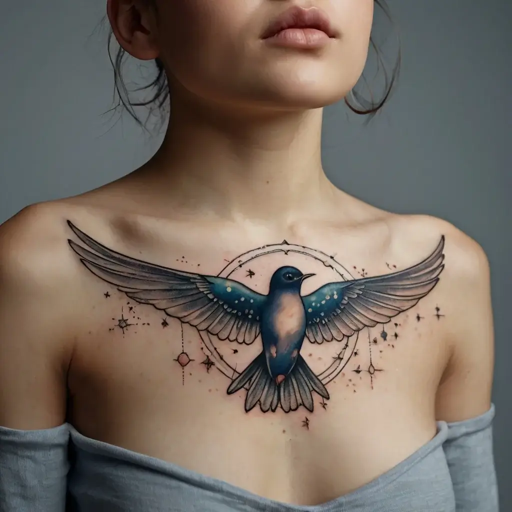 A vibrant swallow with outstretched wings, set against celestial elements and a circular motif on the chest.