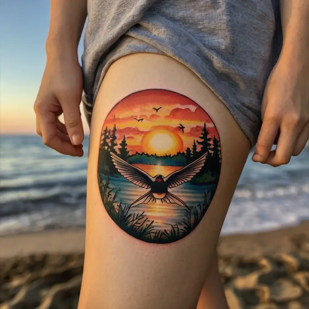 A colorful tattoo showing a sunrise over a forest lake with a bird in flight, encircled by trees and water reflections.