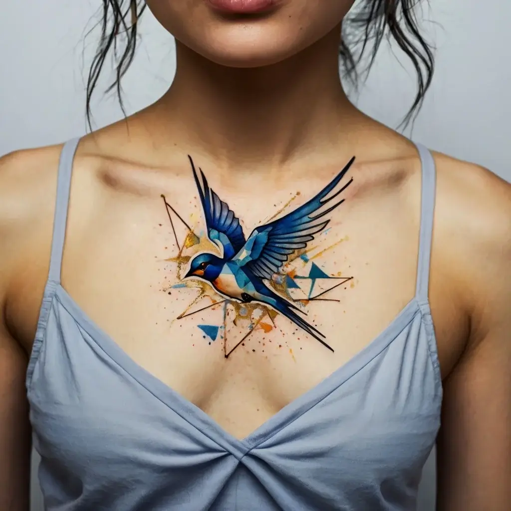 Geometric blue swallow tattoo on chest, vibrant polygonal design, dynamic shapes, and splashes of color enhance movement.