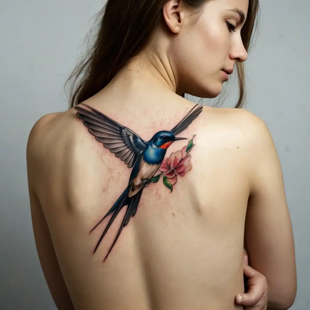 Realistic tattoo of a vibrant blue swallow holding a pink flower, elegantly spread across the upper back.