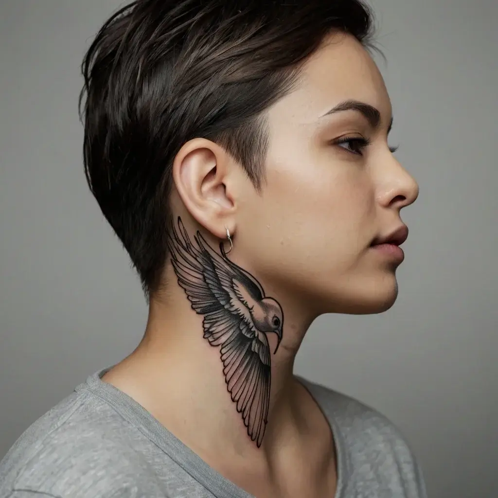 Tattoo of a stylized bird in flight, elegantly spanning the neck, with detailed feather shading and fluid motion lines.