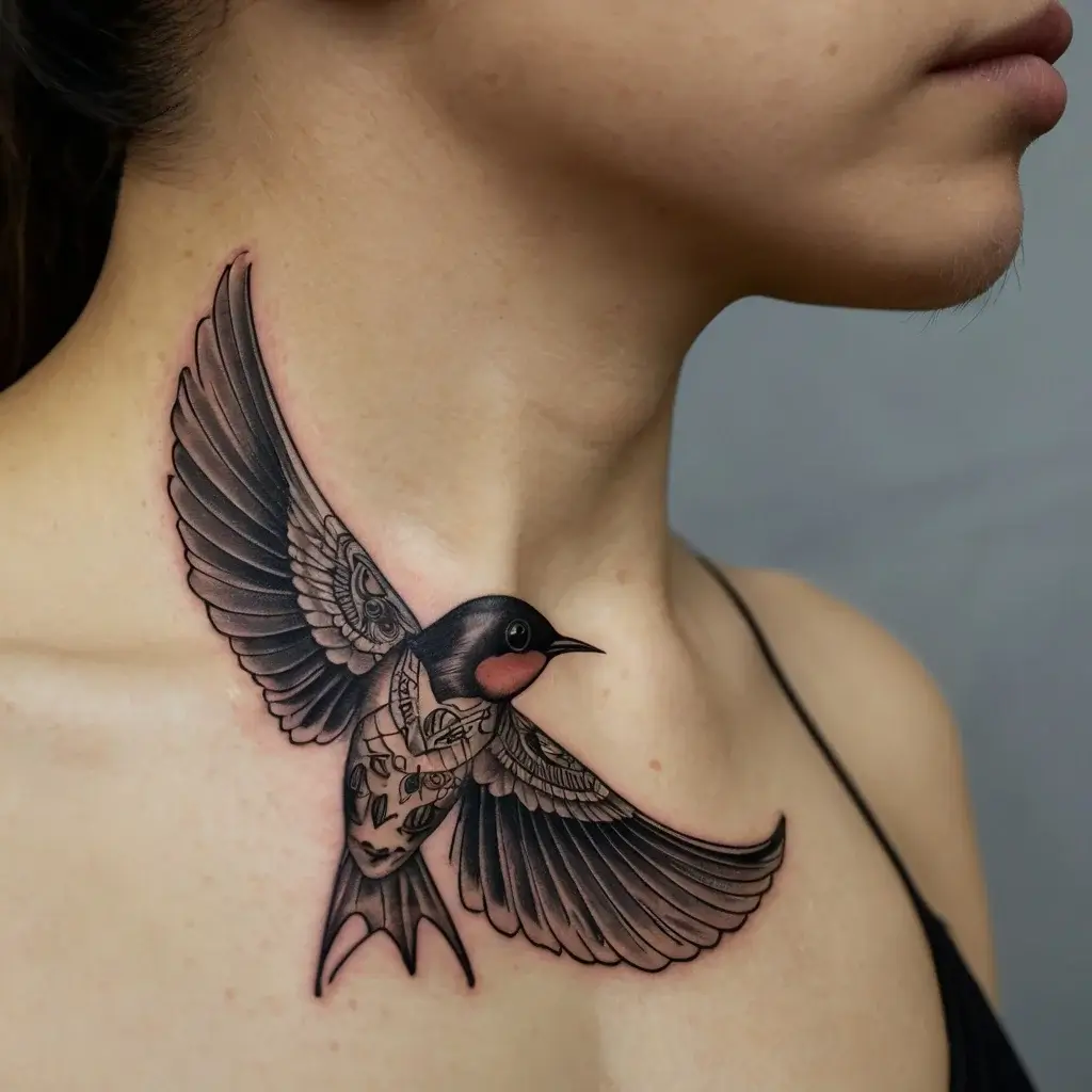 Tattoo of a realistic bird with detailed wings and intricate patterns on its body, positioned on a person's neck.