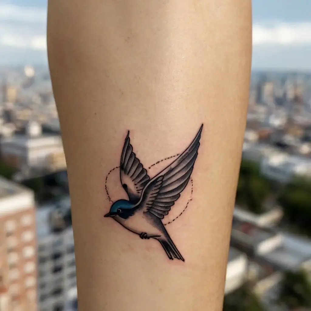 Tattoo of a blue and black swallow in flight, with detailed shading and a dotted circular pattern behind it.