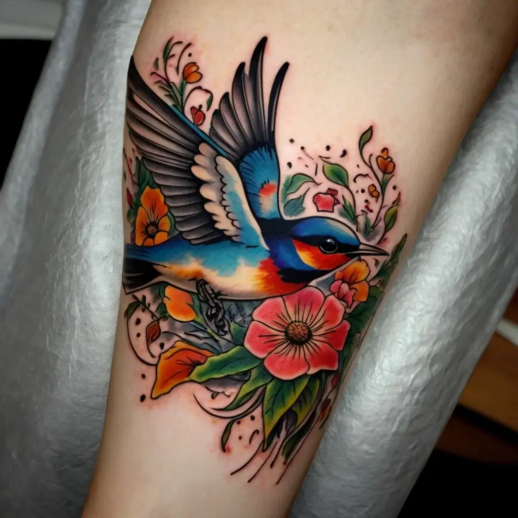 Colorful bird with outstretched wings amidst vibrant flowers and leaves, showcasing detailed shades and intricate outlines.