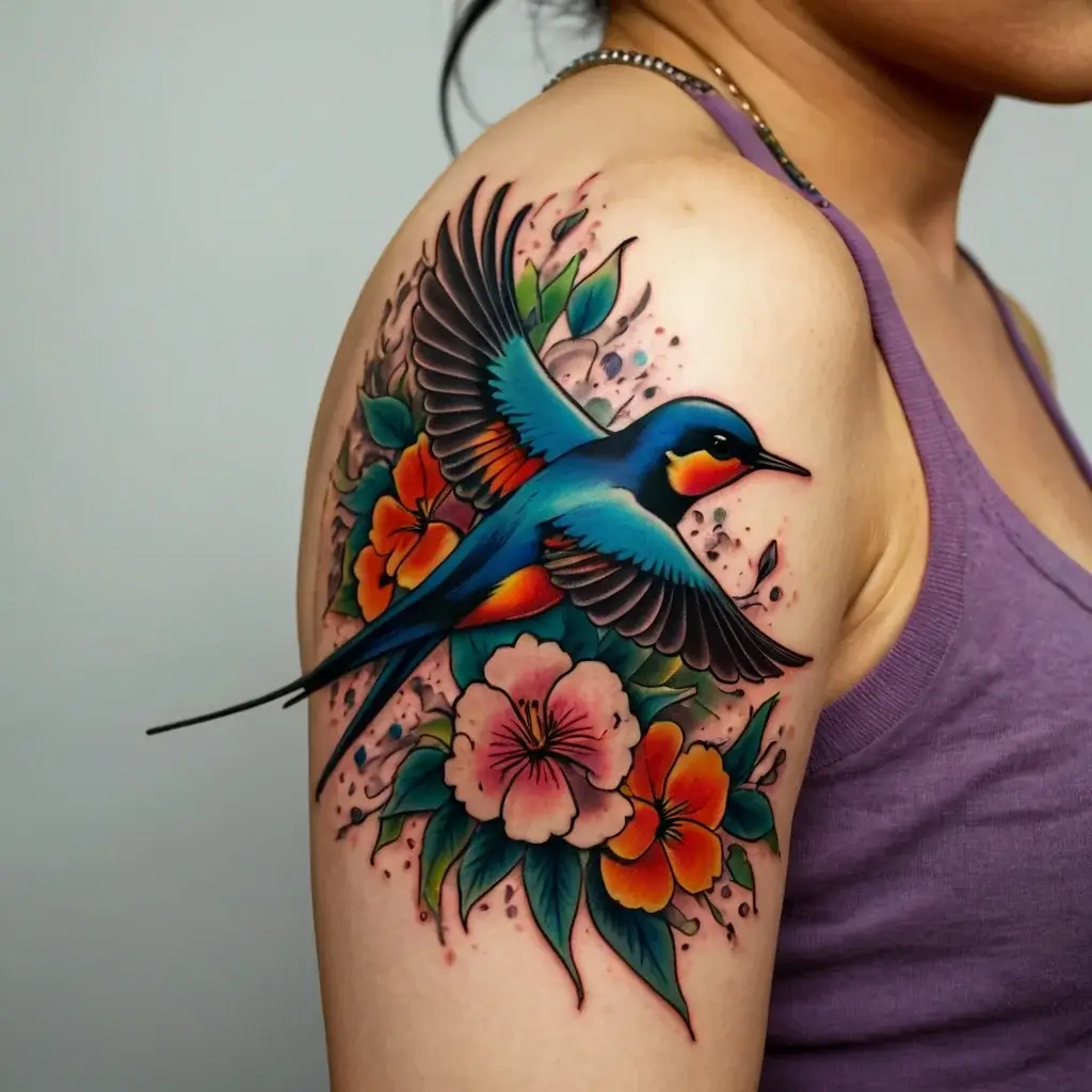 A vibrant tattoo of a blue swallow with outstretched wings, surrounded by pink and orange flowers and green leaves.