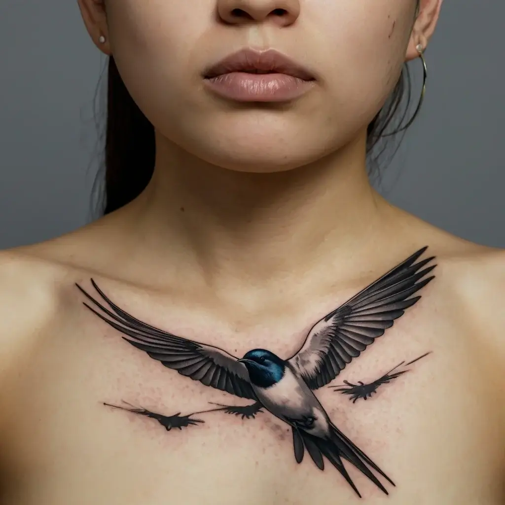 A realistic swallow tattoo on the chest, wings outstretched, symbolizing freedom and new beginnings, done in grayscale.