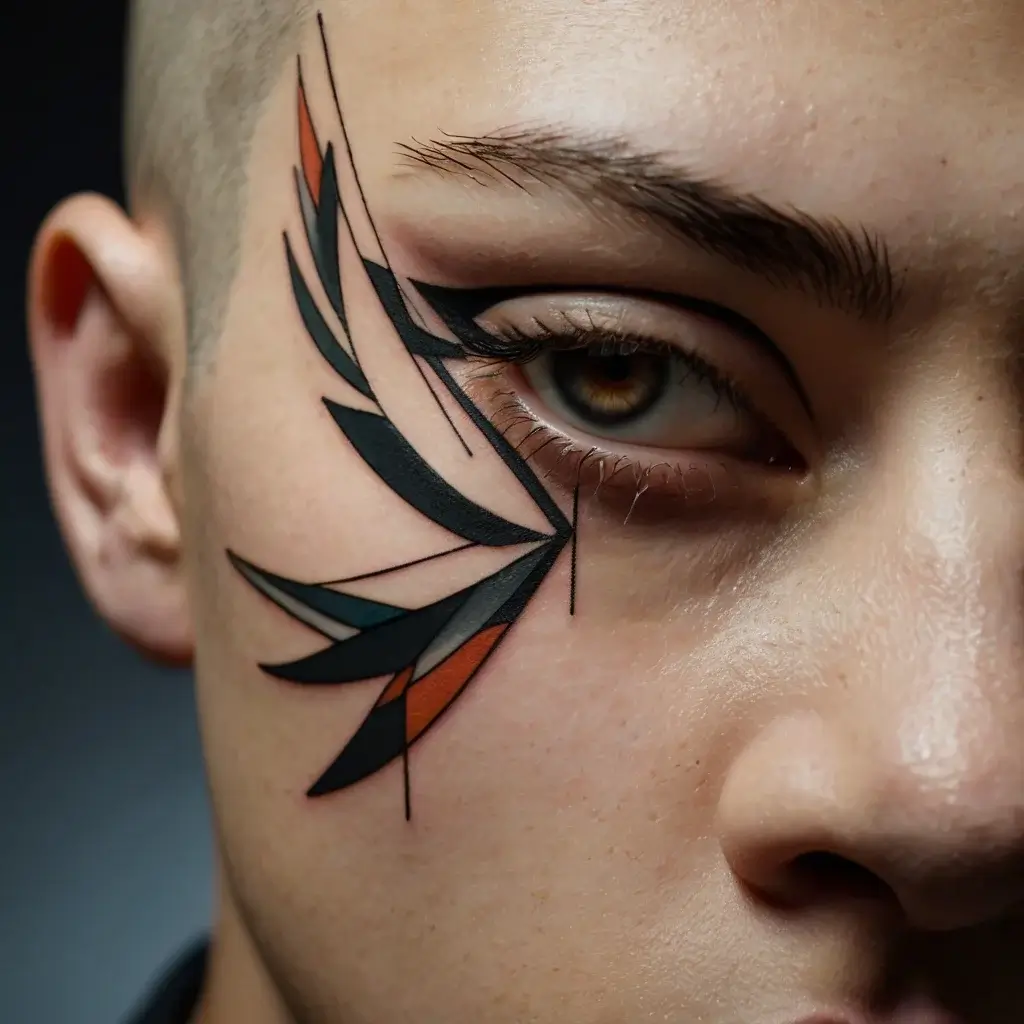 Geometric face tattoo with bold black lines, orange accents, and abstract, angular shapes near the eye.