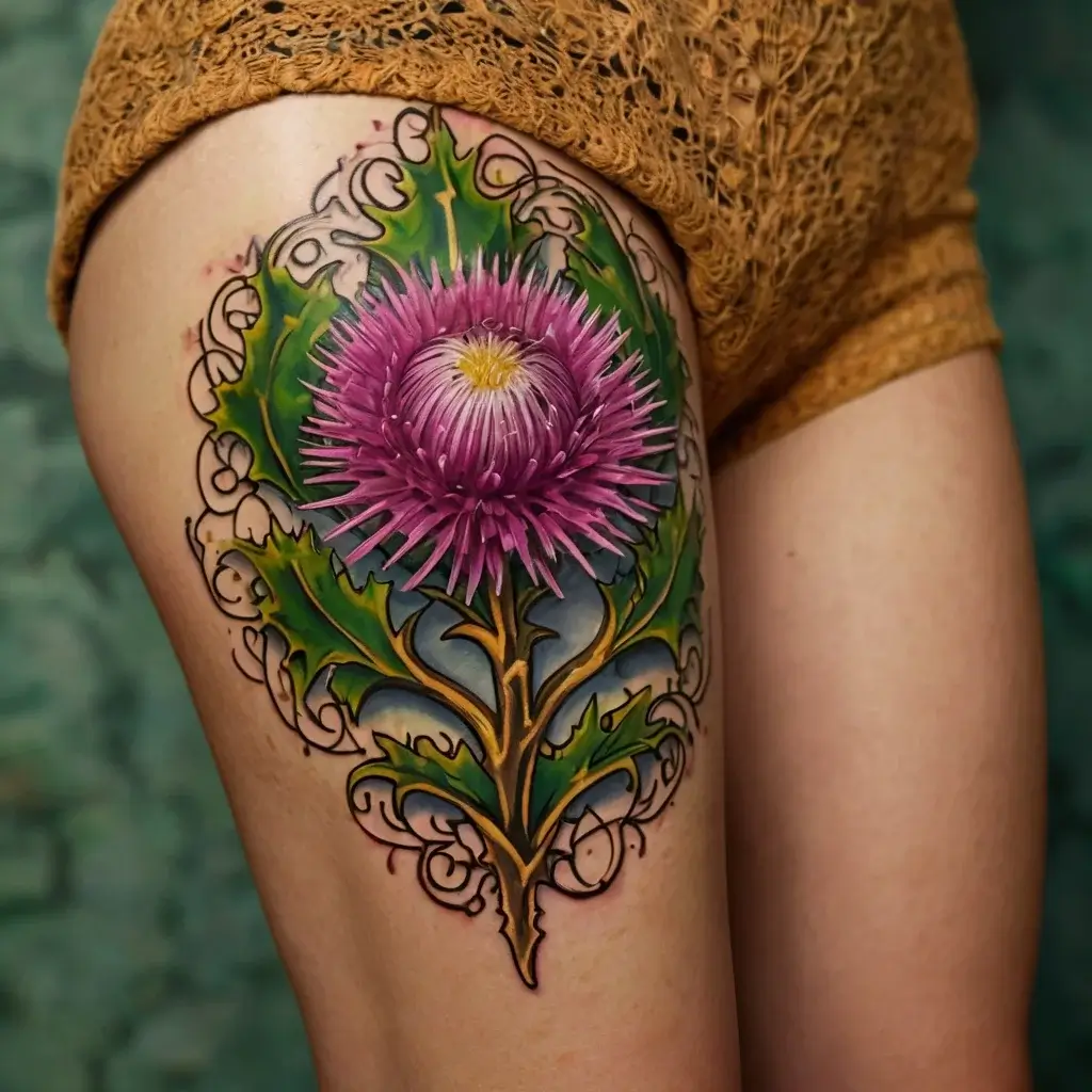 Tattoo of a vivid pink thistle on the thigh, with green leaves and ornate black linework, creating a striking, detailed design.