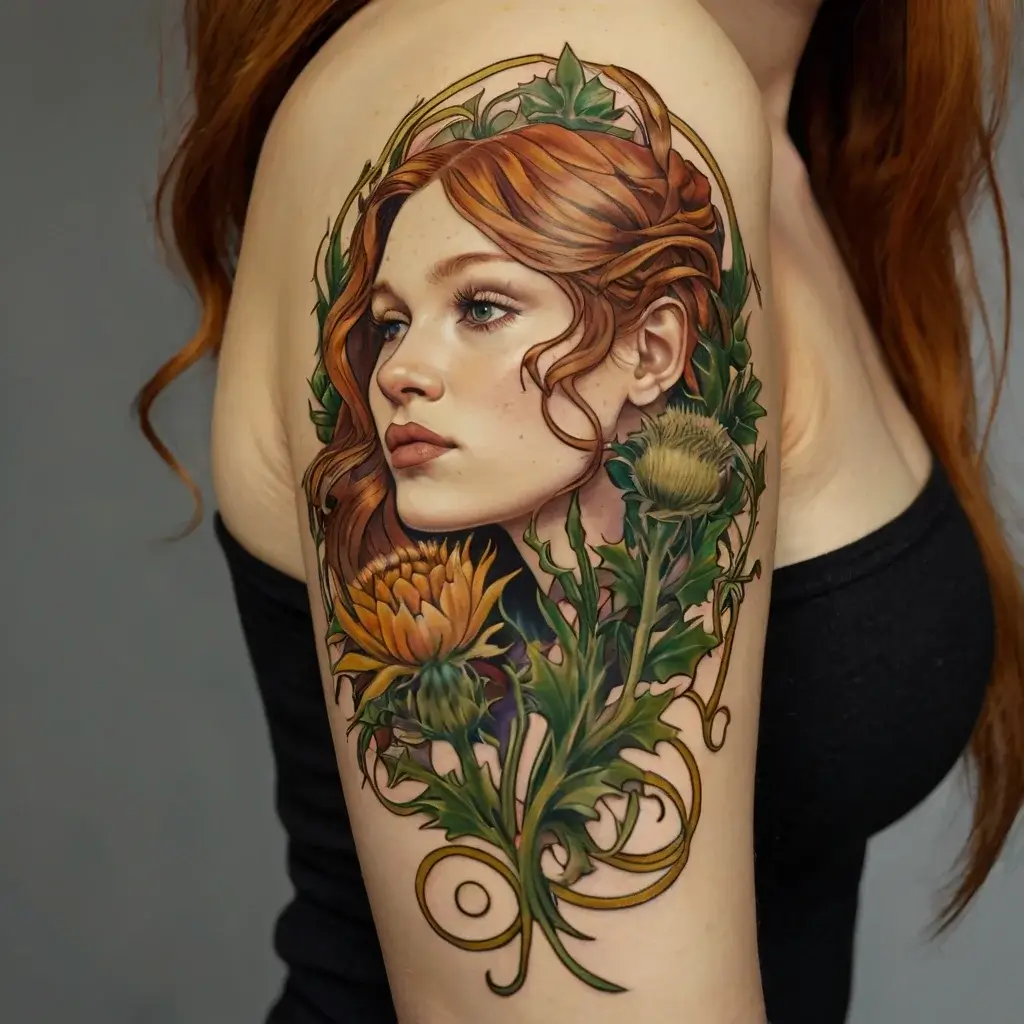 Realistic tattoo of a woman with red hair, surrounded by detailed thistle plants, symbolizing strength and beauty.