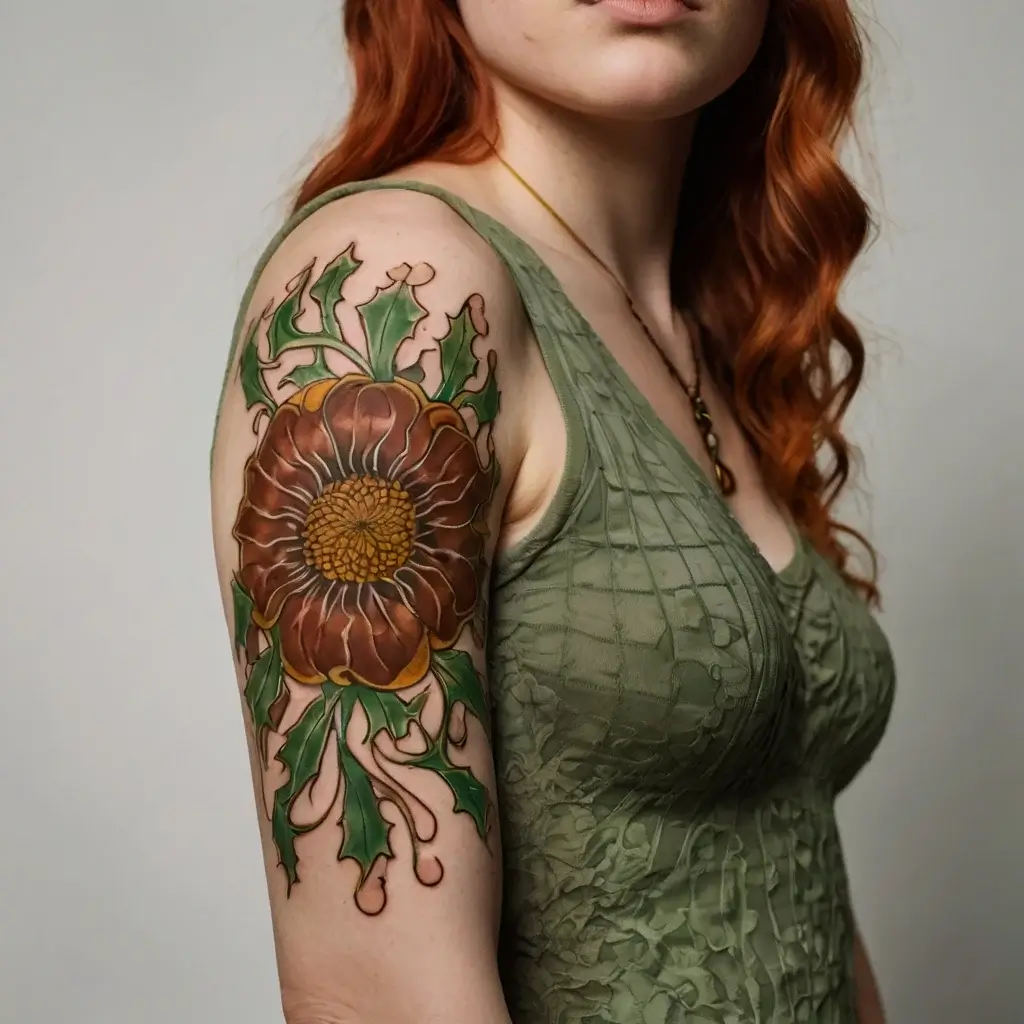 Tattoo of a large, detailed sunflower with earthy tones and swirling green leaves on an upper arm.