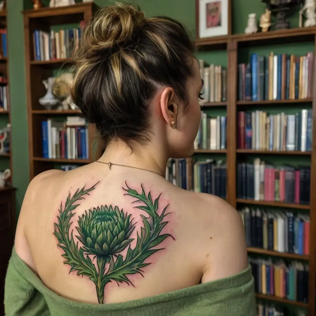 Tattoo of a vibrant green thistle with sharp leaves on upper back, symbolizing resilience and pride.