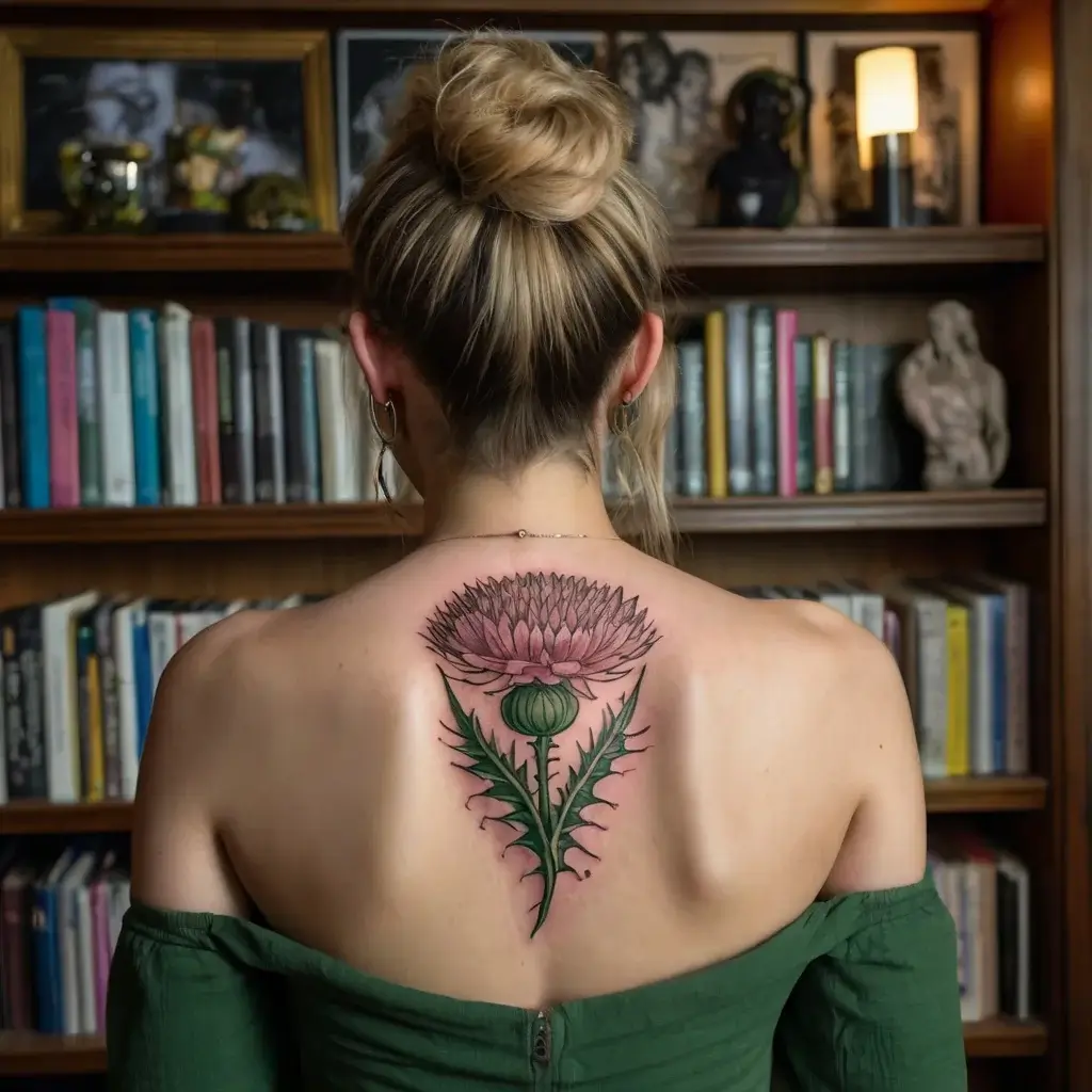 A detailed pink thistle tattoo on a woman's upper back, symbolizing strength and resilience, set against a library backdrop.