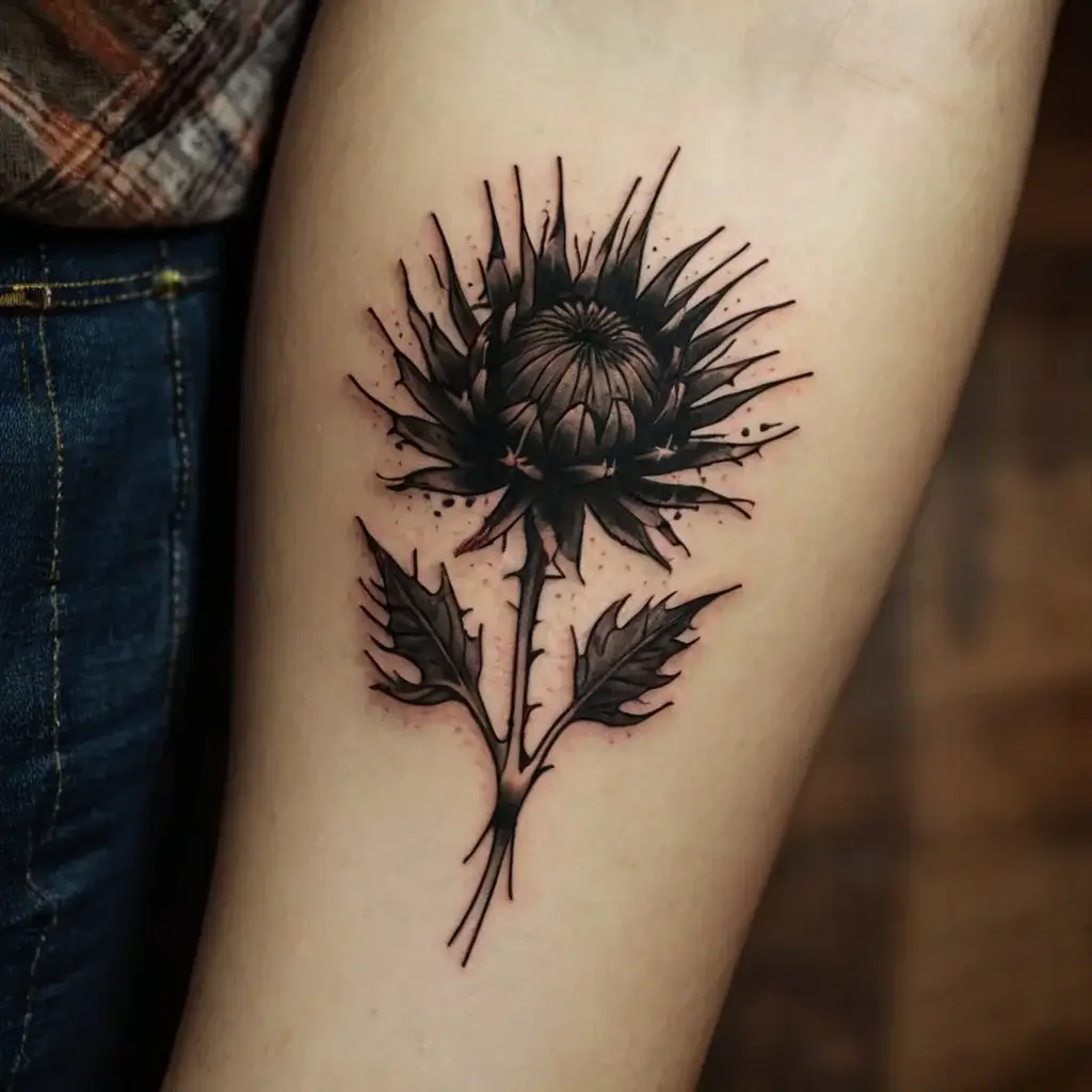 A detailed black-and-gray thistle tattoo with sharp leaves and textured petals, symbolizing strength and resilience.