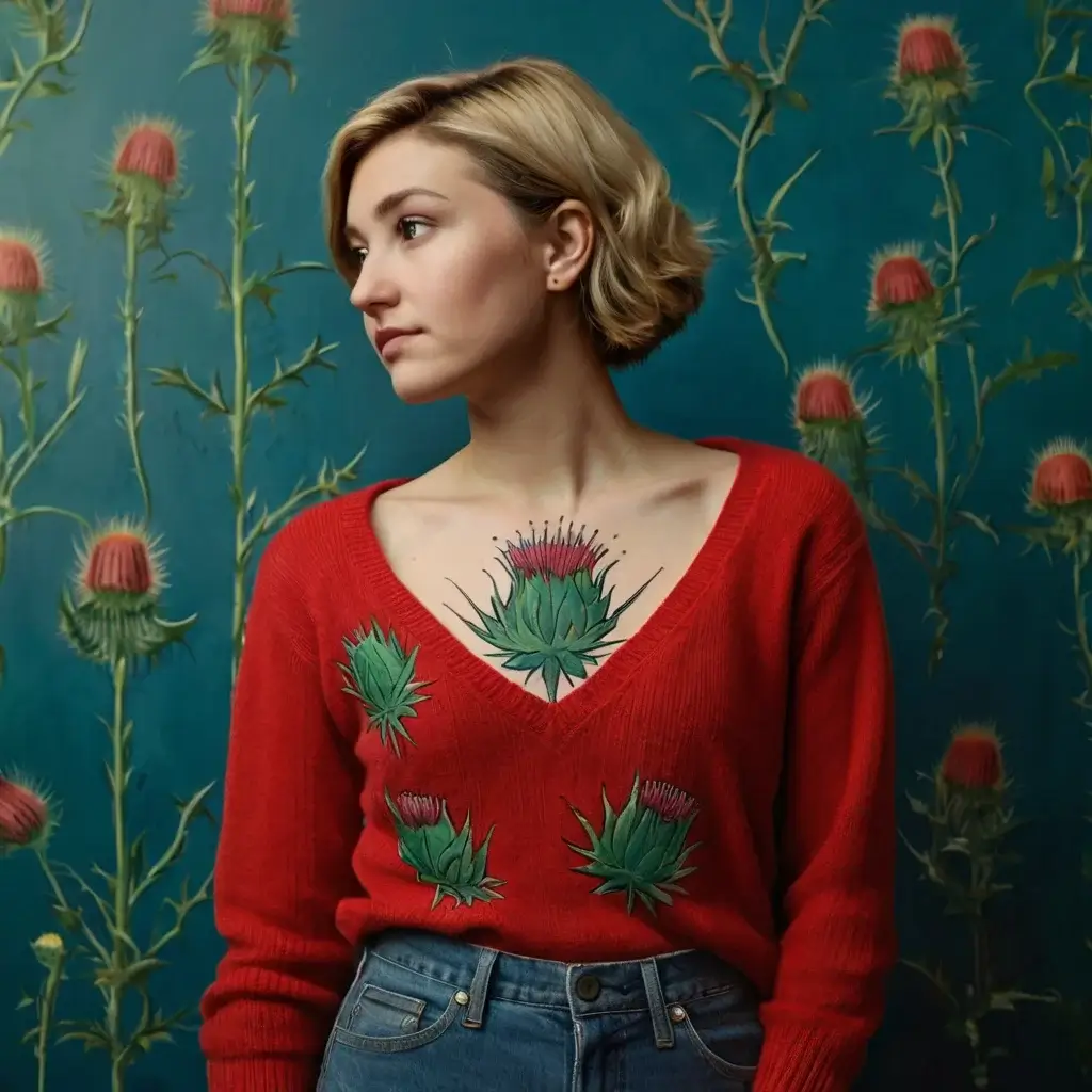 A vibrant chest tattoo of a blooming thistle, mirroring the floral design on the red sweater, set against a leafy backdrop.