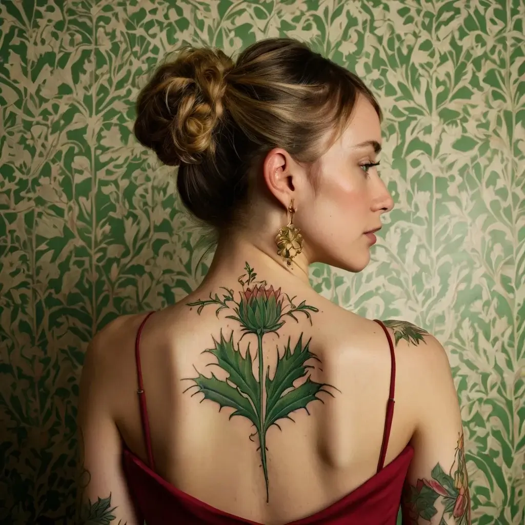 Back tattoo of a stylized thistle in green and red, featuring intricate leaves and a blooming flower.