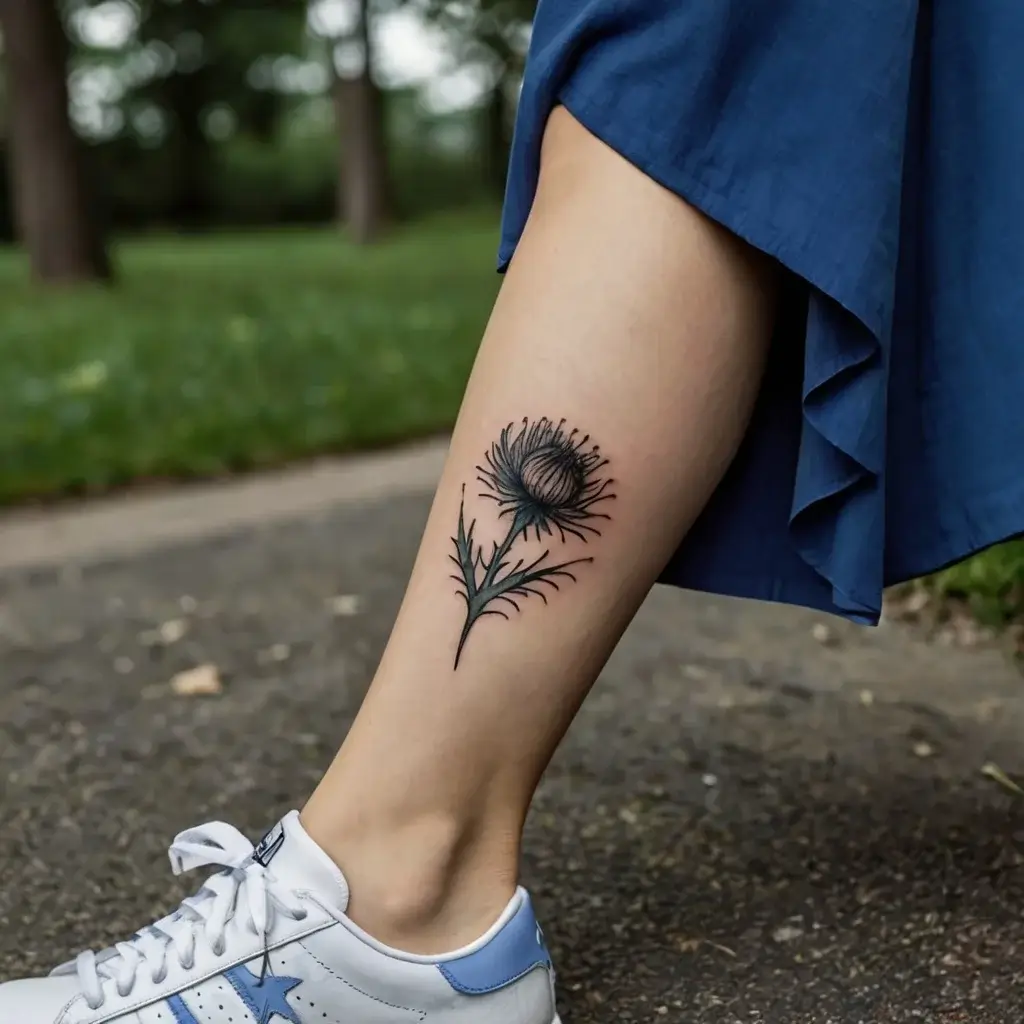 Tattoo of a detailed thistle flower on the calf, symbolizing strength and resilience, depicted with sharp leaves and spiky petals.