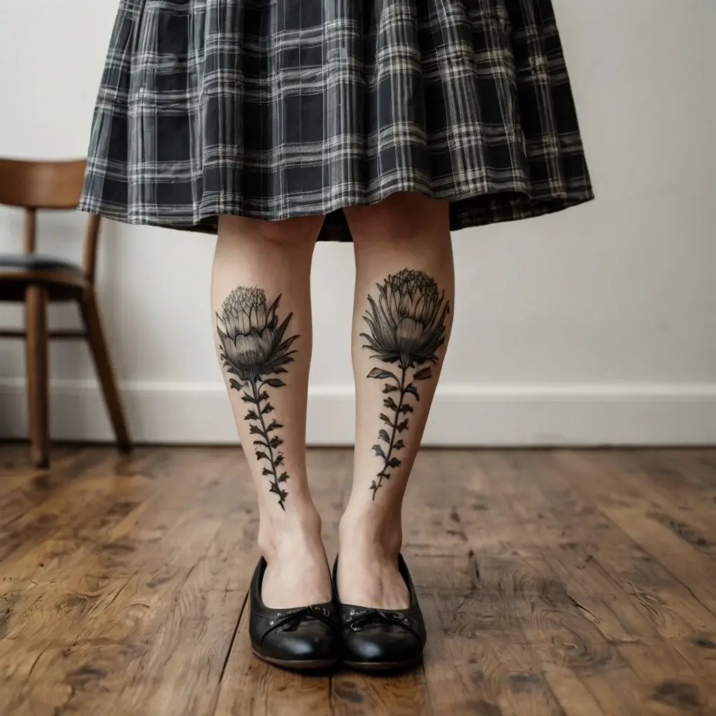 Black and gray floral tattoos of protea flowers on calves, showcasing detailed petals and long stems.