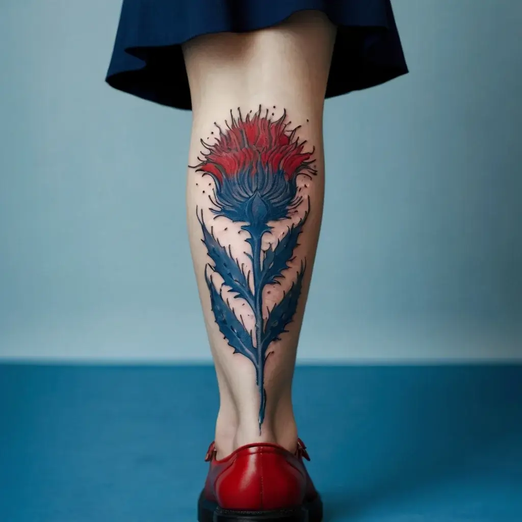 Tattoo of a detailed red and blue thistle on the back of a leg, symbolizing strength and resilience.