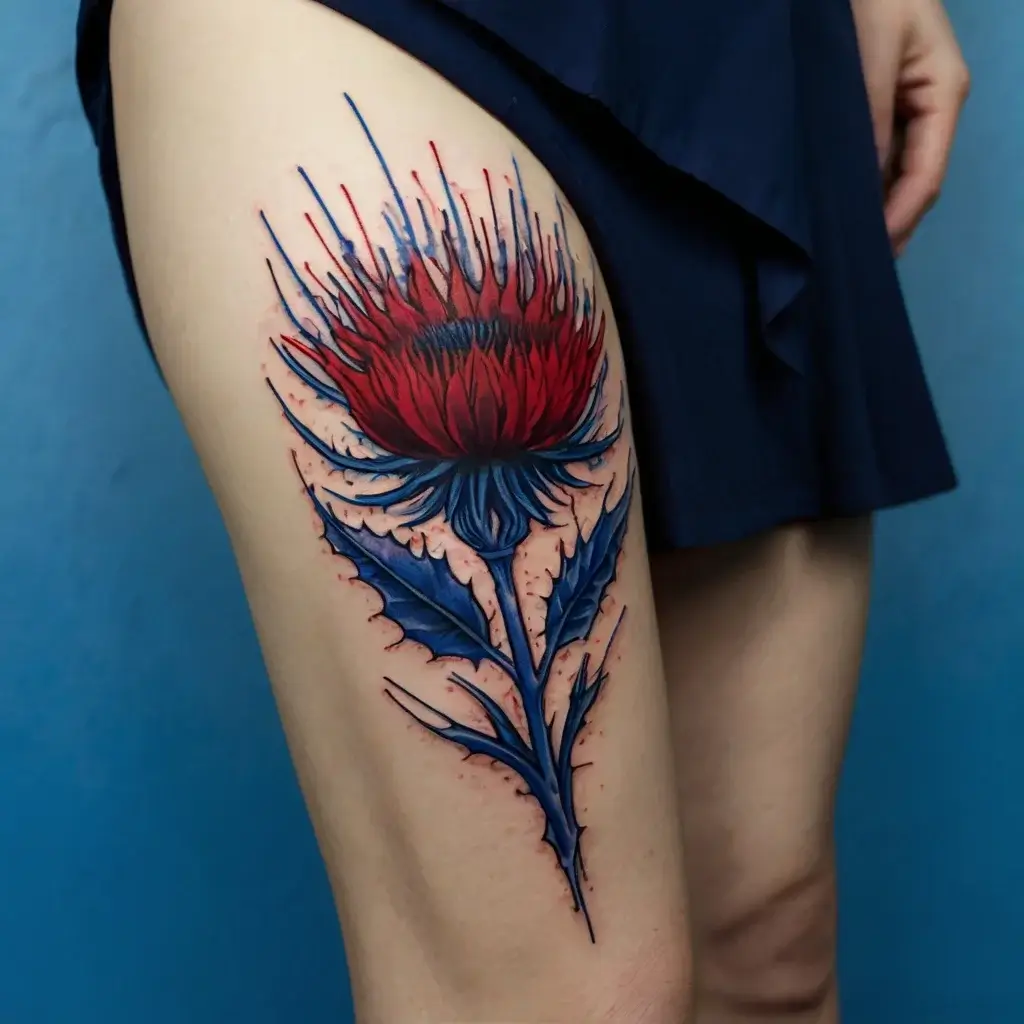 Thigh tattoo of a vibrant red and blue thistle, emphasizing bold outlines and intricate shading for a dynamic look.