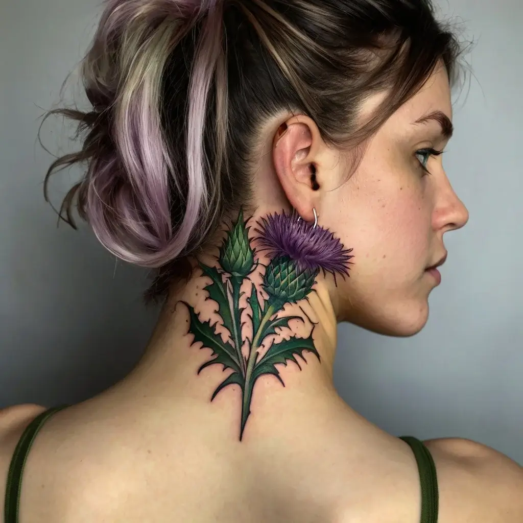 A detailed thistle tattoo on the neck, featuring vibrant green leaves and a purple flower, symbolizing resilience and protection.