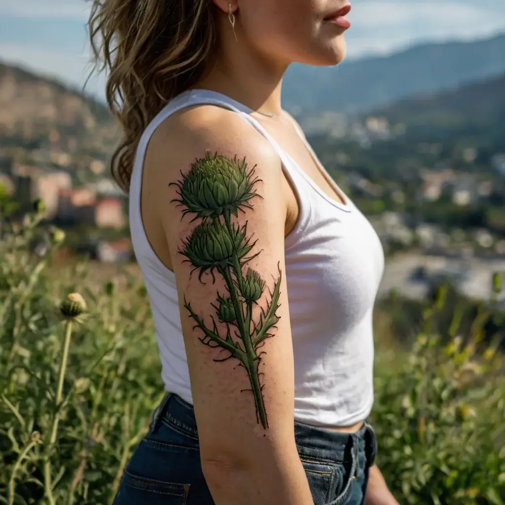 Tattoo of vibrant green thistle with detailed leaves and stems on upper arm.