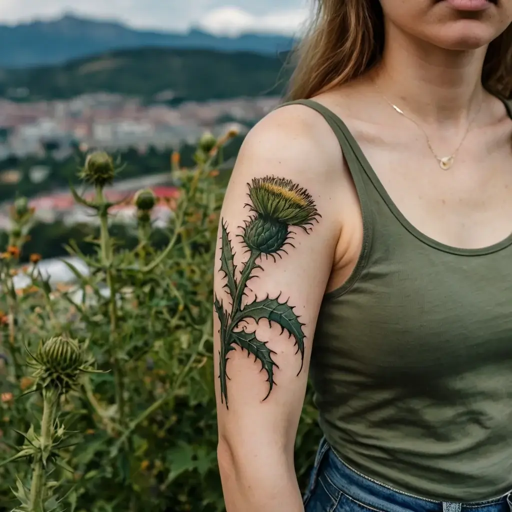 Tattoo: A realistic thistle with spiky leaves and detailed bloom, symbolizing resilience, on the woman's upper arm.