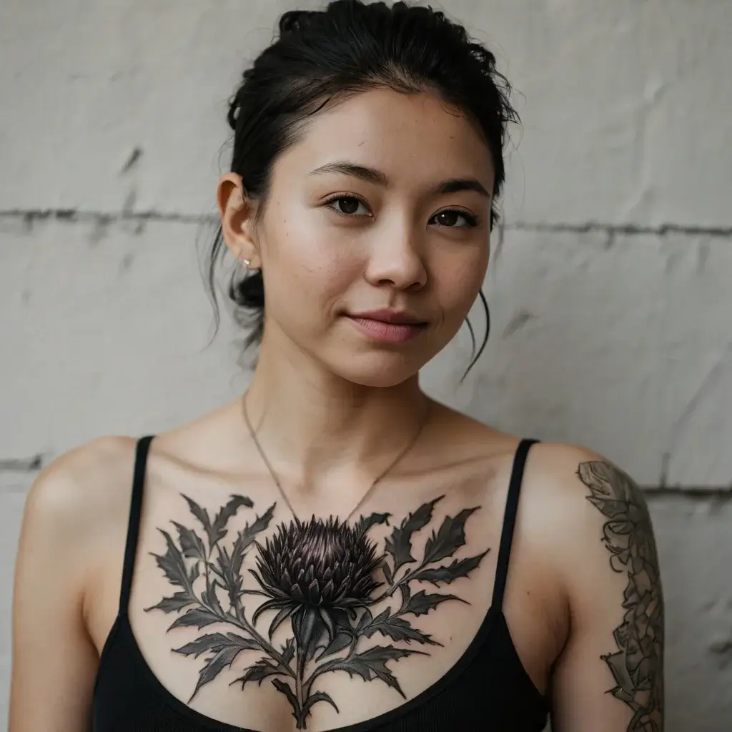 A detailed tattoo of a thistle flower with intricate leaves spreads across the chest, symbolizing resilience and pride.