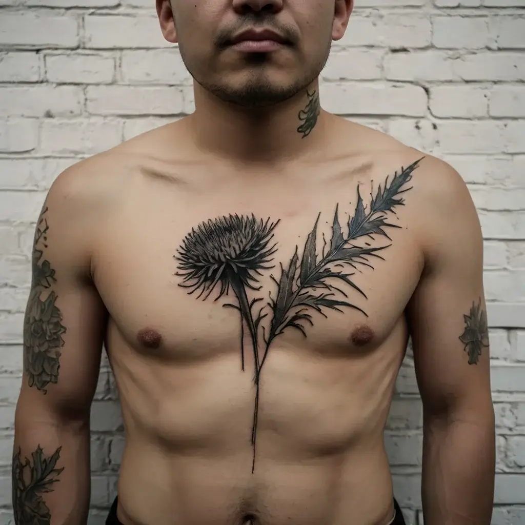 Bold chest tattoo of a thistle with intricate leaves, combining realism and detailed line work for a striking design.