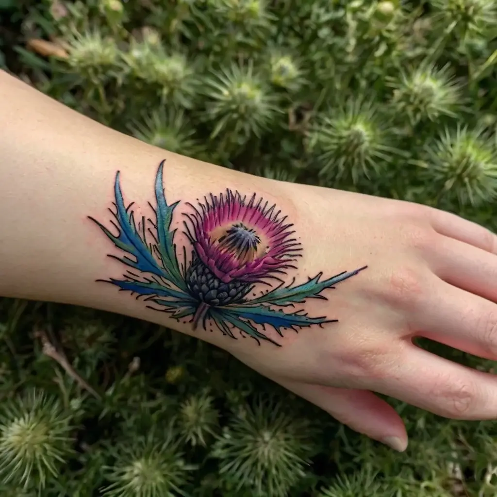 Vibrant thistle tattoo on hand, featuring a purple flower with green spiked leaves, symbolizing resilience and protection.