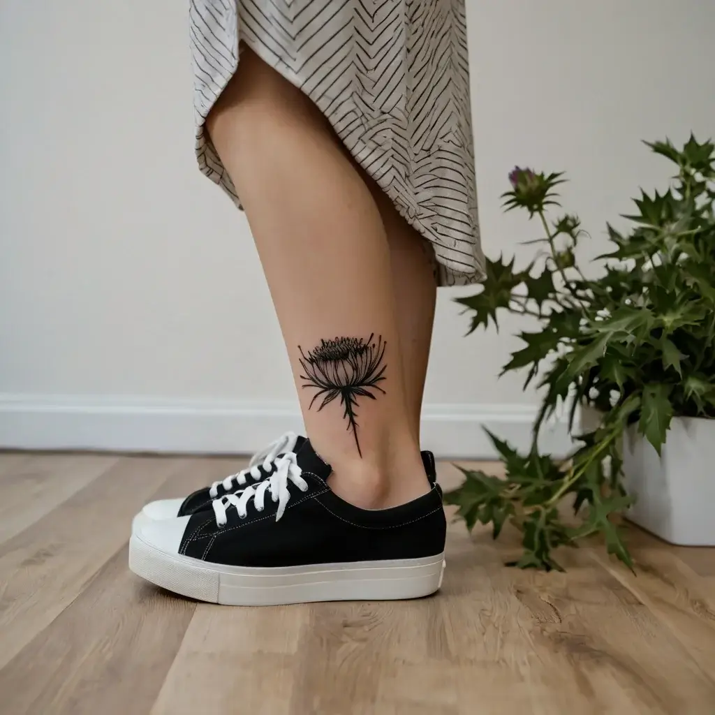 A black ink thistle tattoo on the left ankle, beautifully detailed with thin lines, representing resilience and protection.