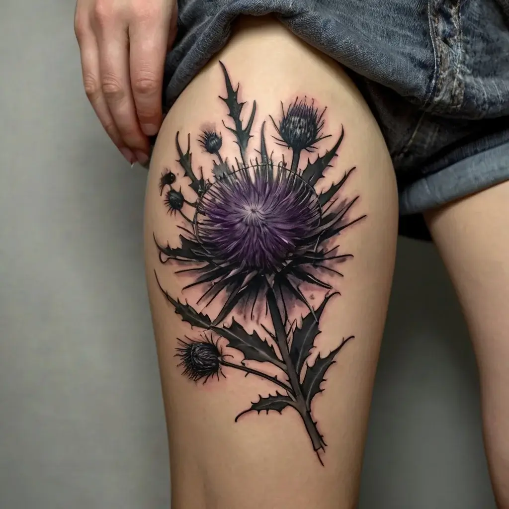 Thigh tattoo of a detailed purple thistle with sharp leaves and rich shading, emphasizing texture and depth.