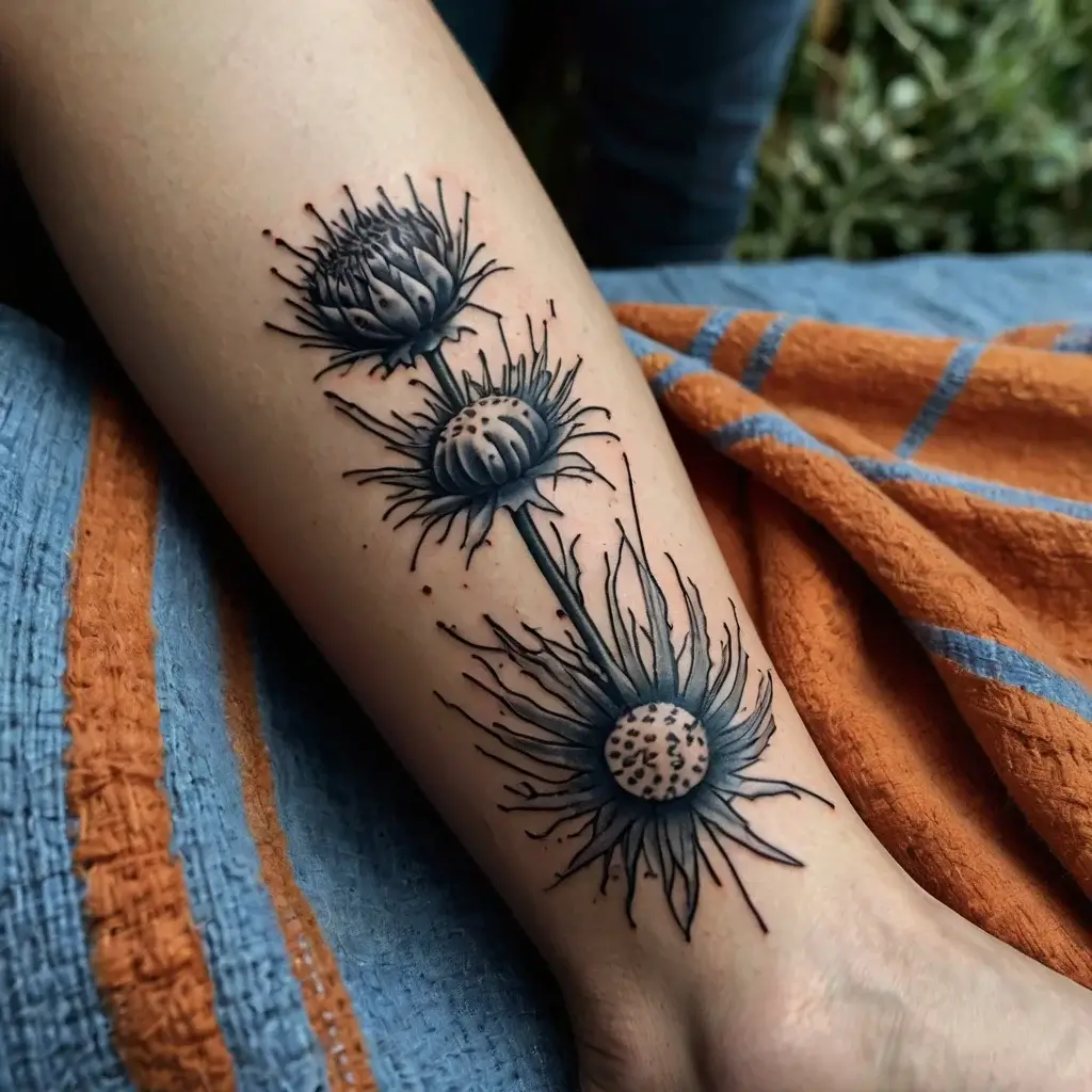 Detailed tattoo of three thistles aligned vertically, with bold lines and intricate shading on inner forearm.